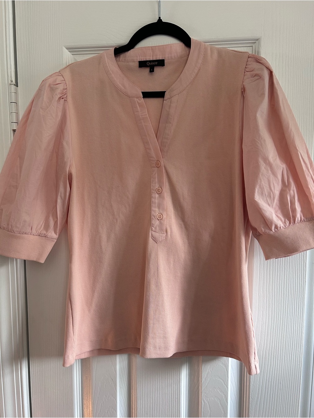 Quince Light Pink Puff-Sleeve Mixed Media Cotton Top Large